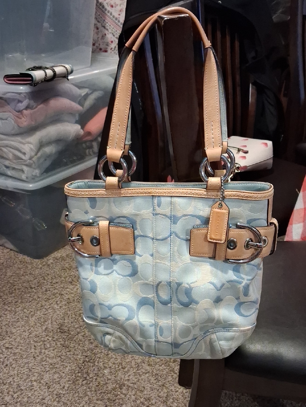 Coach Light Blue Signature Tote with Tan Leather Trim